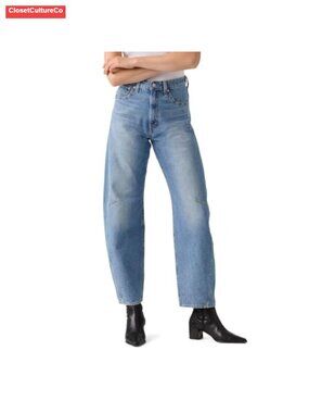 High Rise Tapered Barrel Jeans Non Stretch Cinch Waist Denim